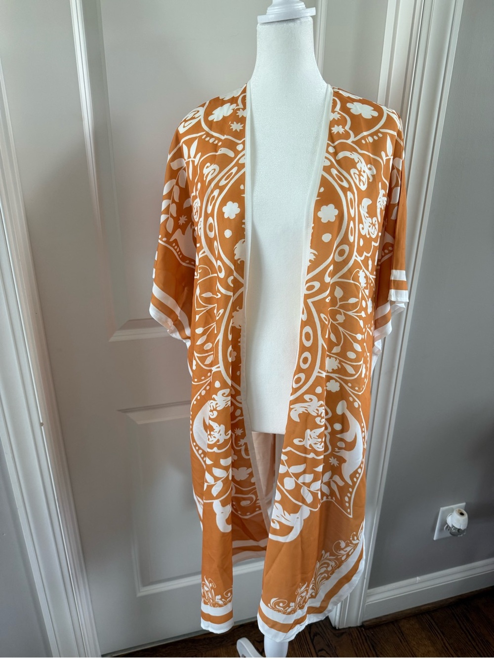 Love Stitch patterned golden rod yellow and white kimono beach cover-up